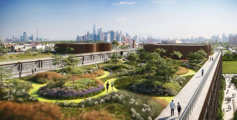 New renderings of Norman Foster’s Red Hook office complex reveal green roofs and courtyard