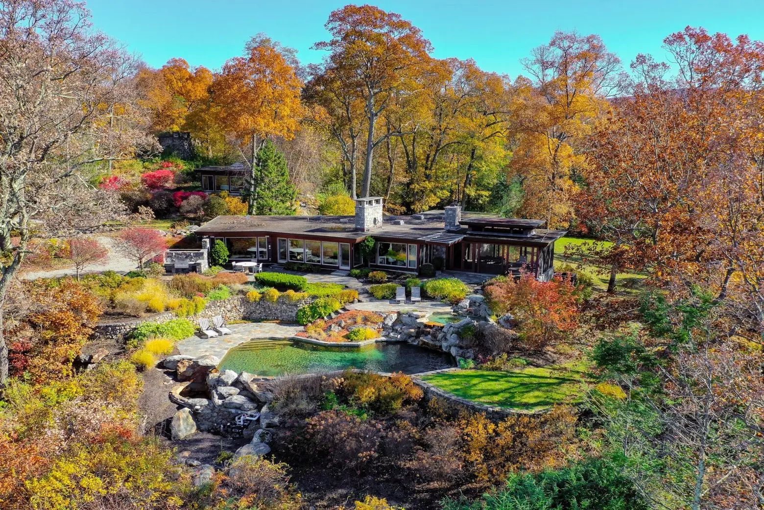Hudson River views abound at this six-acre Garrison estate, designed by a Frank Lloyd Wright disciple