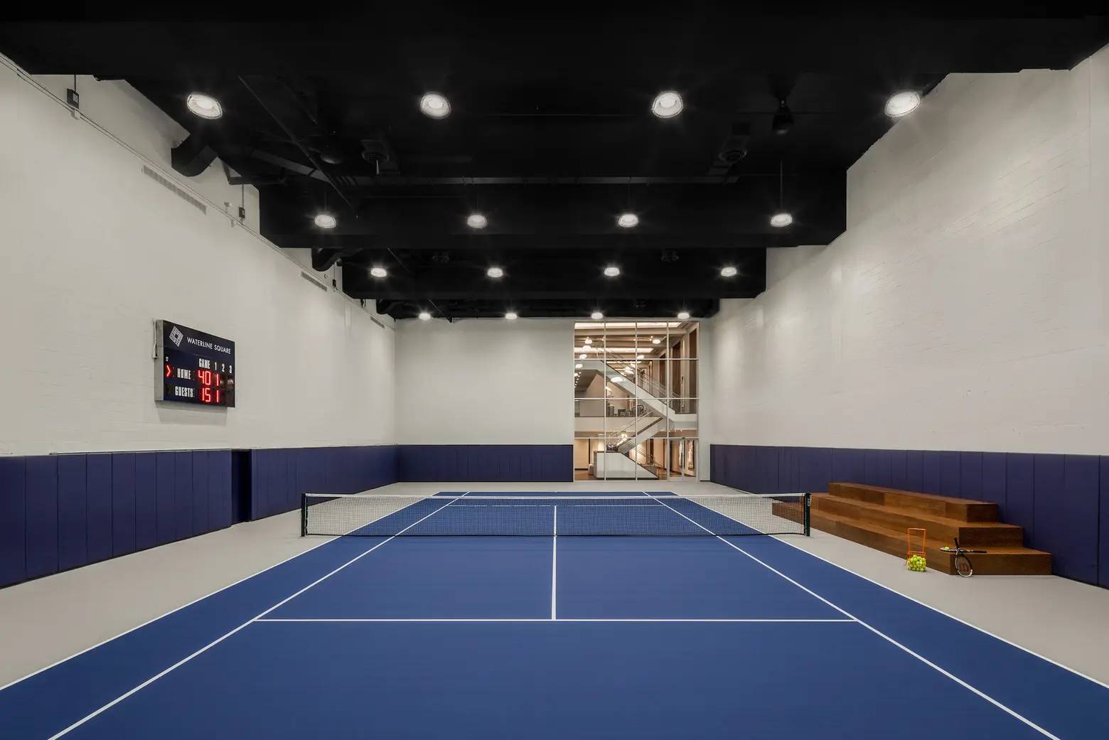 Waterline Square’s amenities include an indoor skate park, full tennis court, and a rock-climbing wall