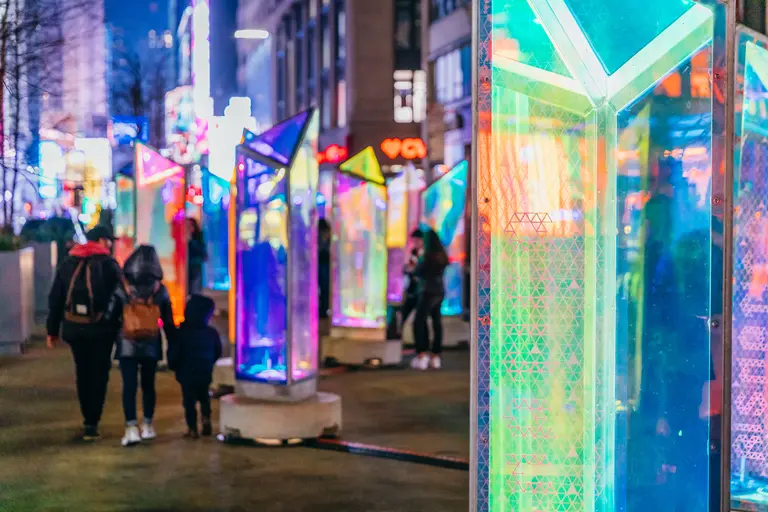 Walk through a kaleidoscope of rotating, glimmering prisms in the Garment District