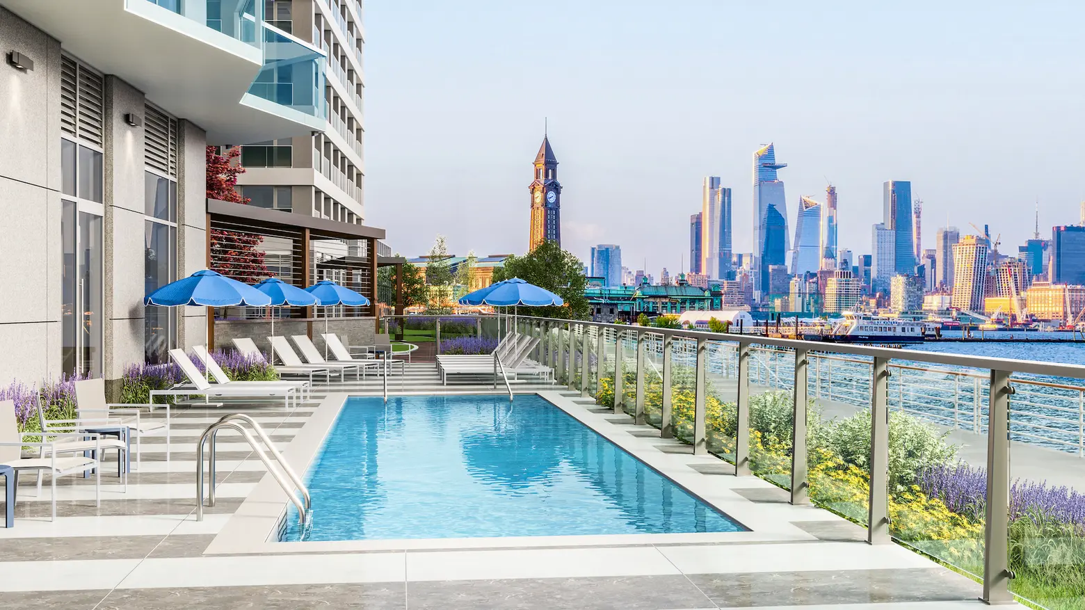 Luxury Jersey City rental The Beach has tons of outdoor space overlooking the skyline