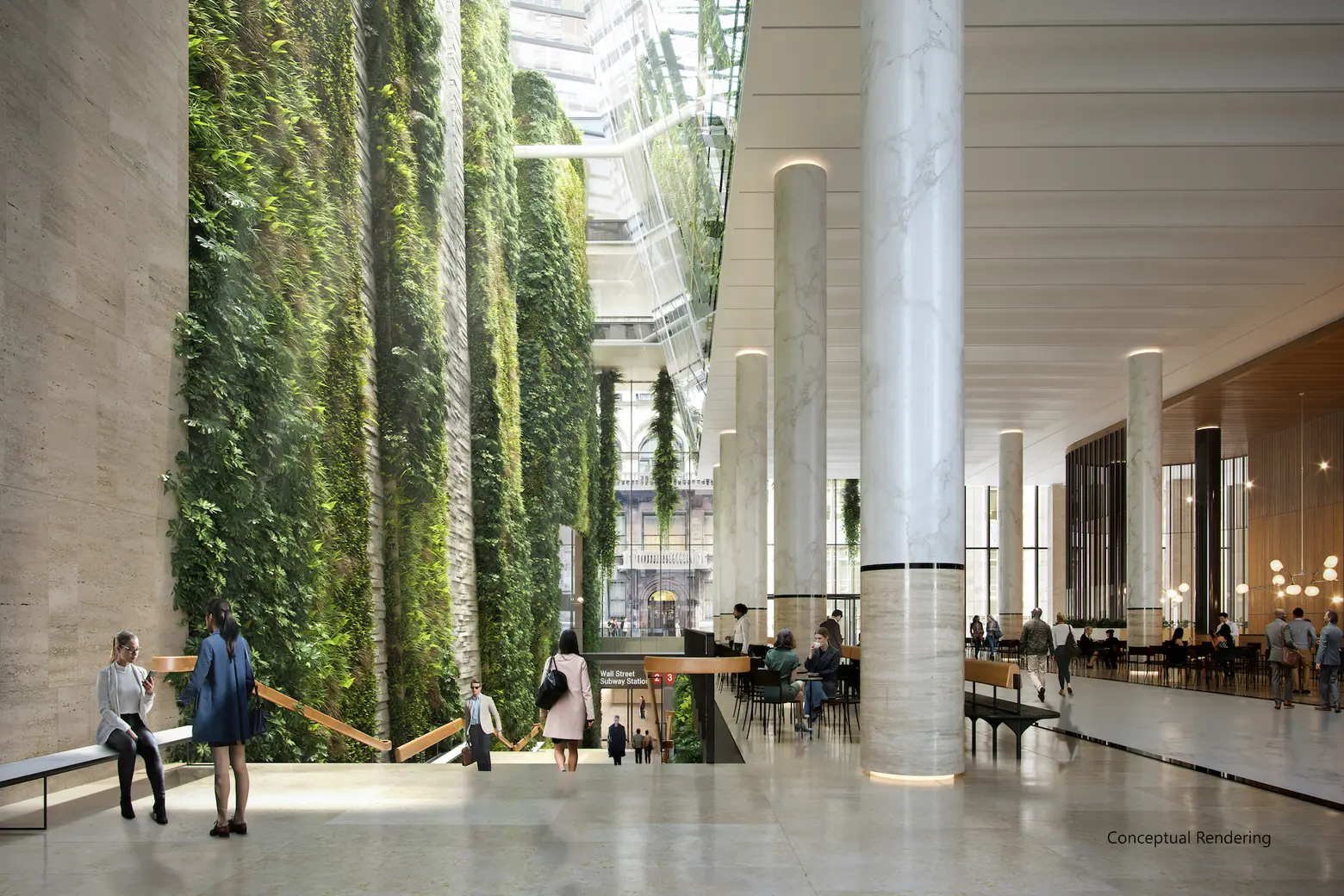 60 Wall Street revamp swaps out postmodern atrium for a skylight and massive 100-foot green wall