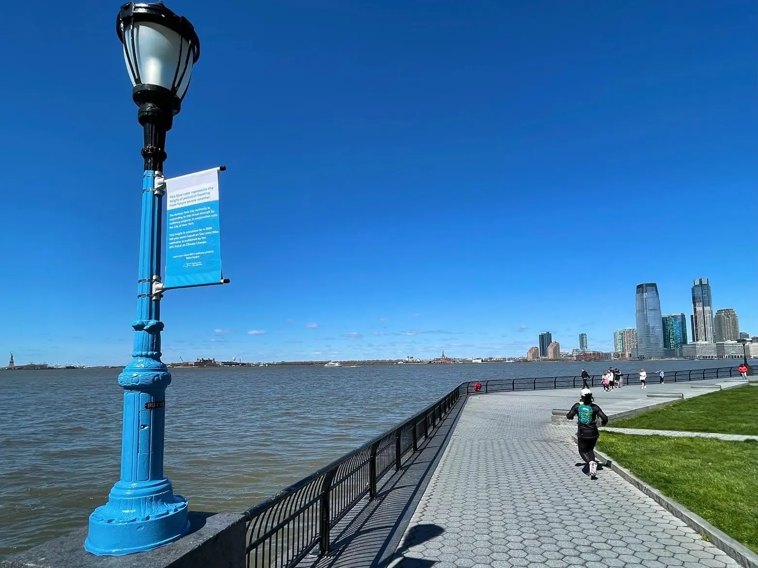 Blue lamp posts in Battery Park City illustrate height of potential flooding from next severe storm
