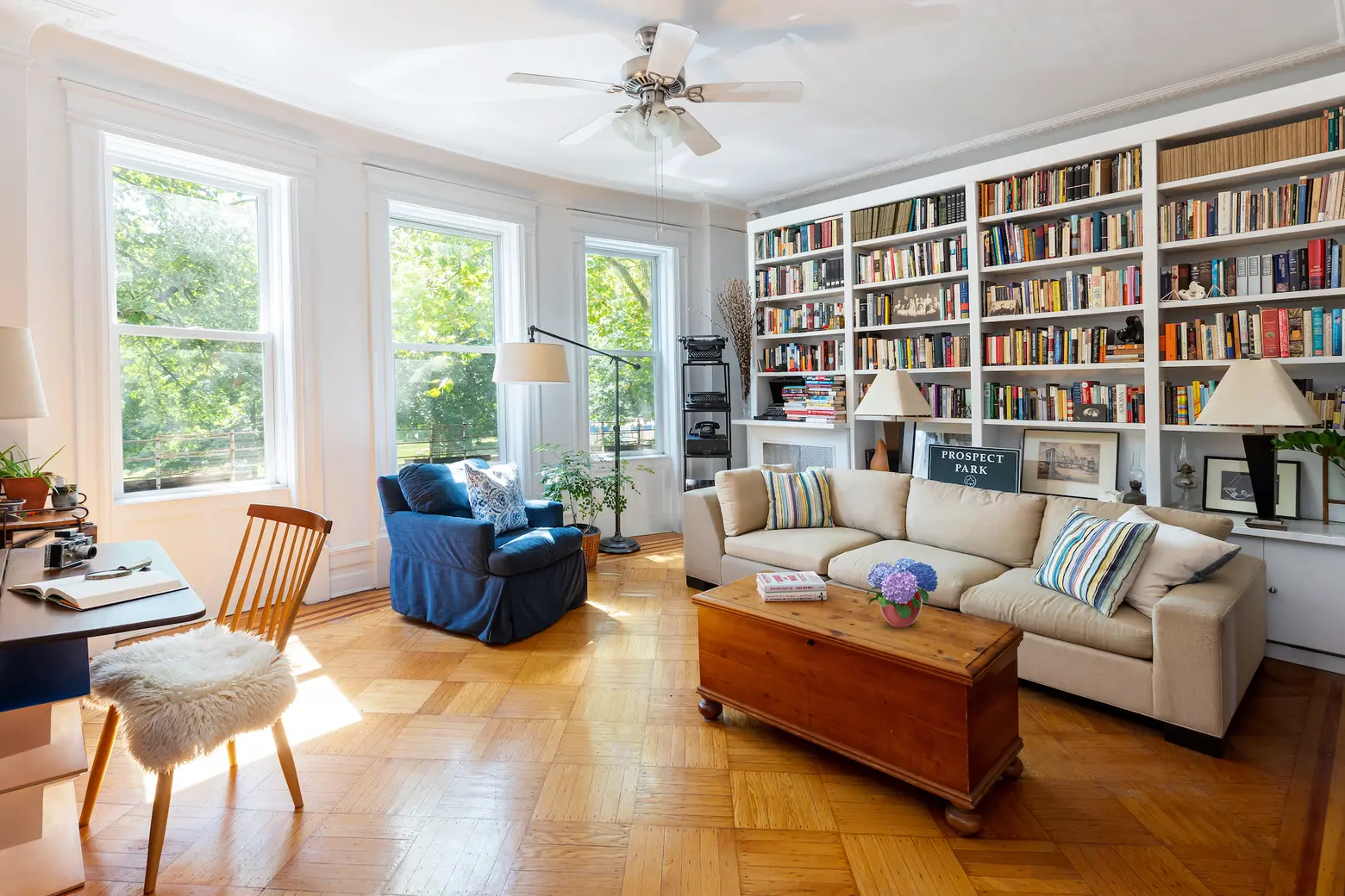 Prospect Park-facing co-op with pocket doors, built-ins, and bay windows lists for $1.95M
