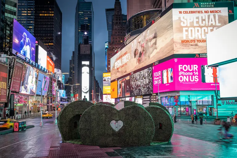 Heart-shaped hedges blossom with real roses as part of Valentine’s Day installation in Times Square