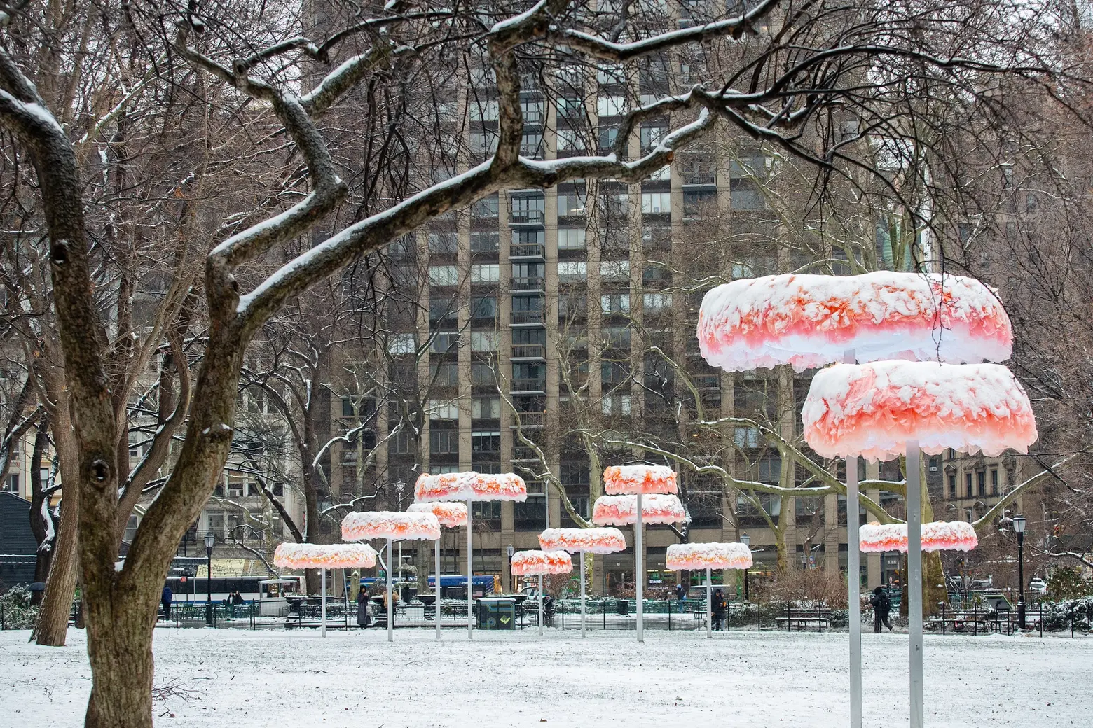 Colorful tulle sculptures in Madison Square Park brighten the winter cityscape