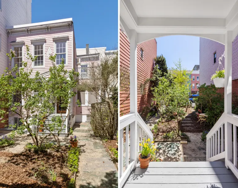 Asking $2.75M, this pale pink Greenpoint townhouse has gardens, terraces, history, and charm