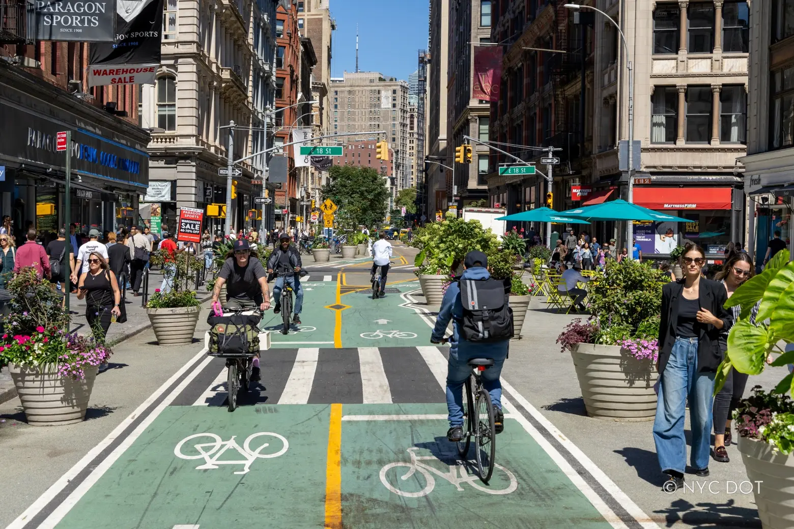 Pedestrian plaza, two-way bike lane now on Broadway near Union Square