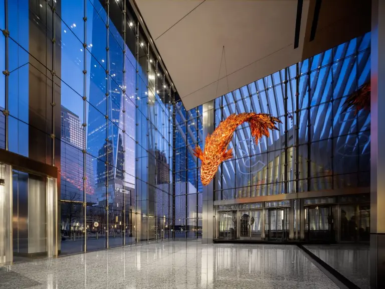 A fish sculpture by Frank Gehry now hangs in the lobby of 3 World Trade Center